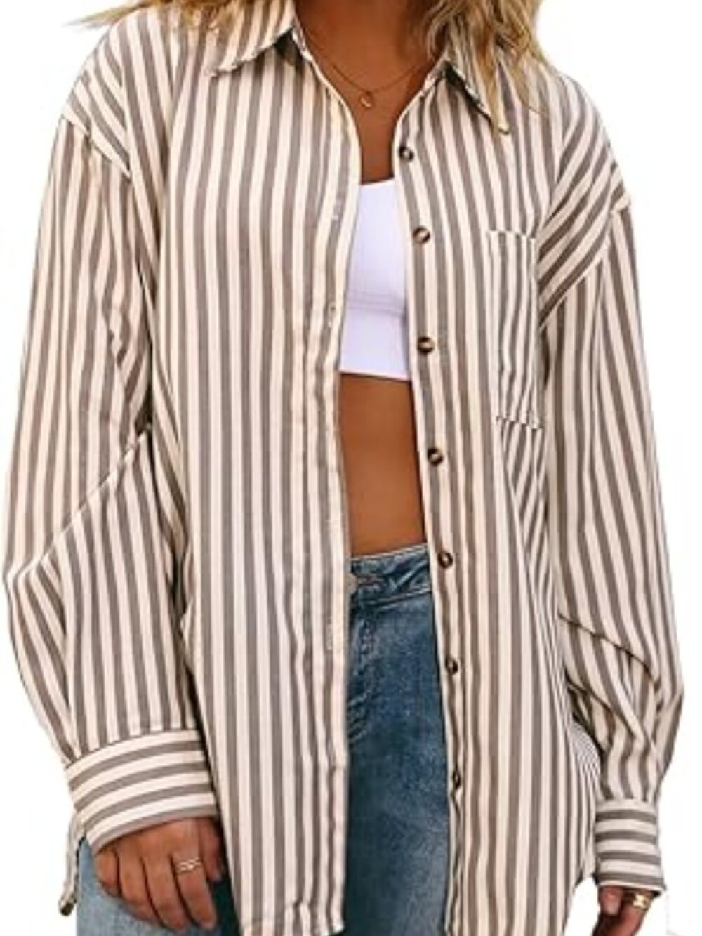 CHYRII Women's Striped Button Down Long Sleeve Blouse (XL) Tan